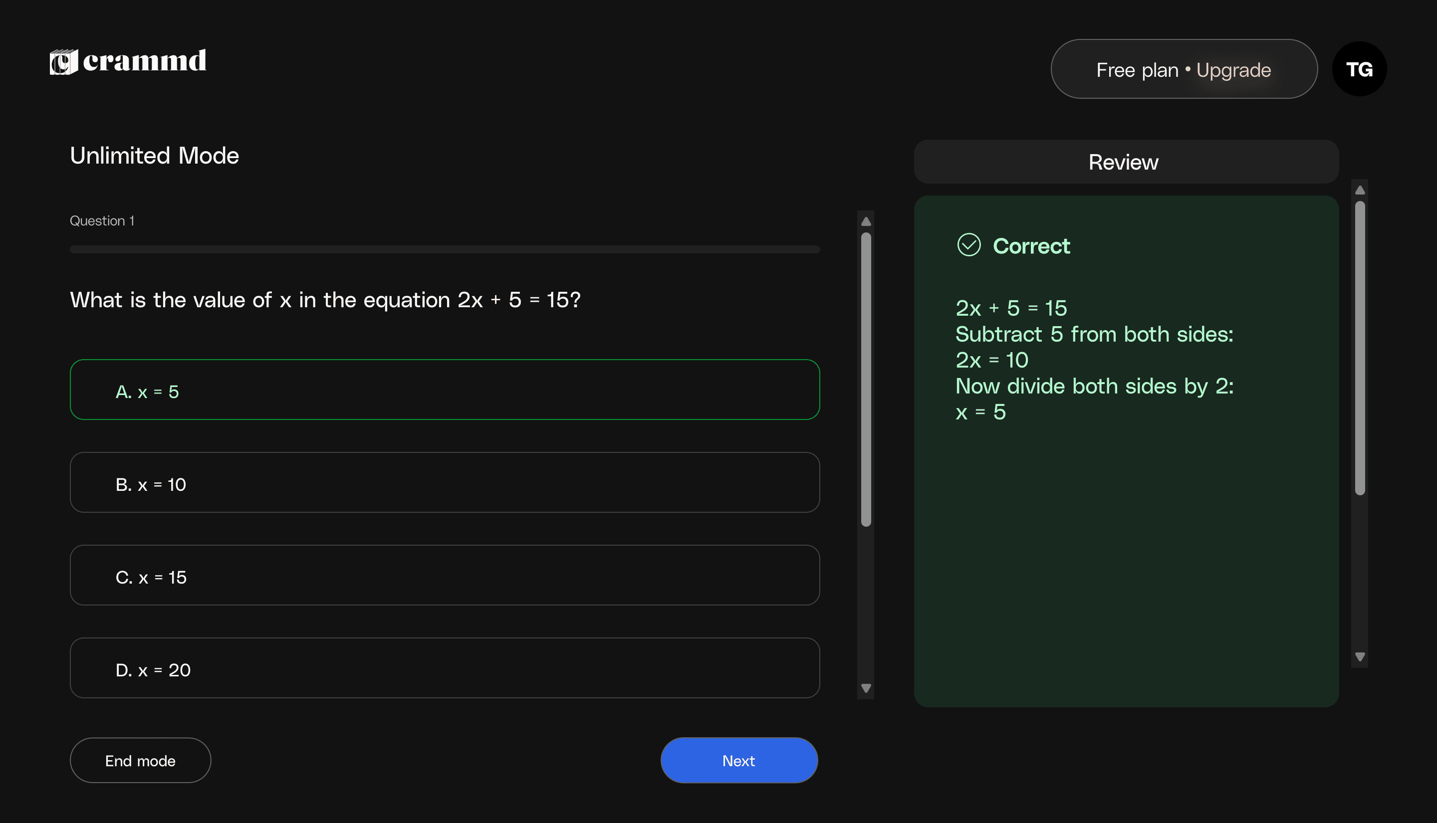 Screenshot of continuous study mode